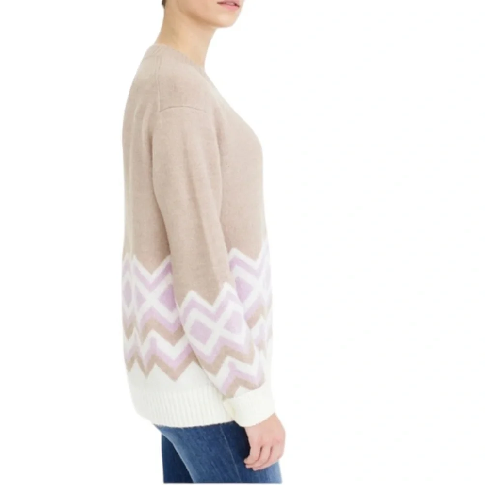 J. CREW Geometric Fair Isle Crewneck Sweater Heather Khaki Ivory Women's Size S
